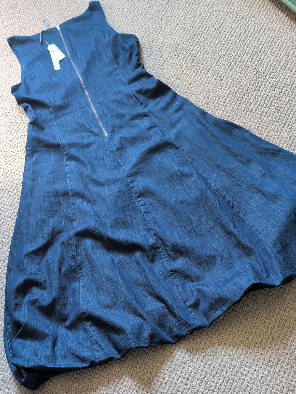 Anthropologie Sleeveless Dark Blue Denim Boat Neck Midi Bubble Dress 12 - Picture 7 of 8